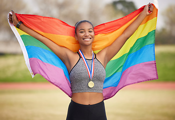 Image showing Rainbow flag, pride and portrait of a woman outdoor after winning a race, marathon or competition. Happy, smile and lesbian female athlete with lgbtq fabric for gay rights, equality or celebration.