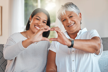 Image showing Heart hands, portrait and elderly mother and daughter with care, affection or empathy. Love, hand gesture or senior mom with woman for support on mothersday, trust or kindness, family smile and emoji