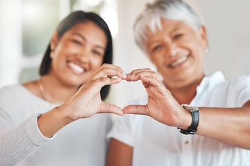 Image showing Portrait, heart hands and senior mother and daughter with care, affection or empathy. Love, hand gesture or elderly mom with woman for support, trust and emoji, mothersday or kindness, hope or family