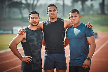 Image showing Portrait, team and athlete men on race track with teamwork outdoor for running, sports or workout. Stadium, fitness group and serious people, friends and face of runners, support and collaboration.