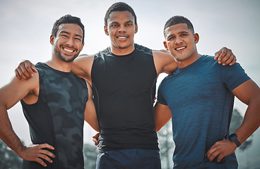 Image showing Portrait, team smile and athlete men outdoor with teamwork for running, sports or workout. Nature, fitness group and face of people, friends and runners with support, solidarity and collaboration.