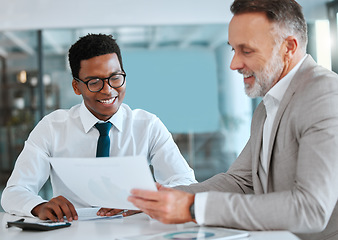 Image showing Human resources, interview and contract with a business man and candidate for a vacancy meeting in an office. Manager, recruitment and opportunity with hr reading a cv or resume in the boardroom