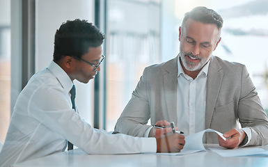 Image showing Human resources, contract or signature with a business man and candidate for a vacancy meeting in an office. Manager, recruitment and opportunity with signing of documents for hiring in a boardroom