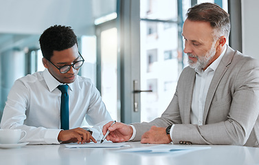 Image showing Human resources, hiring and contract with a business man and candidate for a vacancy meeting in an office. Manager, recruitment and interview with an hr person reading a cv or resume in the boardroom