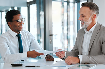 Image showing Human resources, interview and hiring with a business man and candidate for a vacancy meeting in an office. Manager, recruitment and contract opportunity with an employee handing a cv or resume to hr