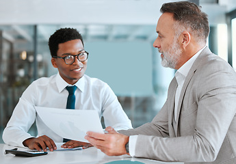 Image showing HR, interview or documents with a business man and candidate for vacancy meeting in an office. Manager, recruitment and hiring opportunity with human resources reading a cv or resume in the boardroom