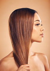 Image showing Woman, hair and beauty with hairstyle and profile, haircare and keratin treatment isolated on studio background. Female model with highlights, color and cosmetic care, texture and growth with shine