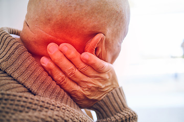 Image showing Old man, neck pain and health with injury and red overlay, muscle tension with medical problem and mockup space. Joint ache, arthritis and glow with elderly male person, retirement and fibromyalgia