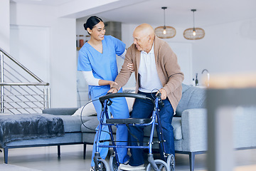 Image showing Senior man with walker, woman caregiver and retirement, health with help and support in nursing home. Happy people, female nurse and male person with disability, physical therapy and rehabilitation