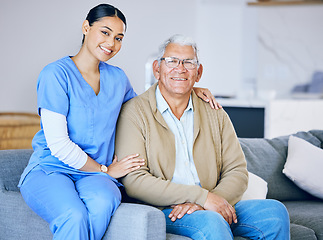 Image showing Senior man, woman caregiver and portrait with retirement, health and wellness in nursing home. Happy people, female nurse and elderly male patient with hug, smile and healthcare with help and support