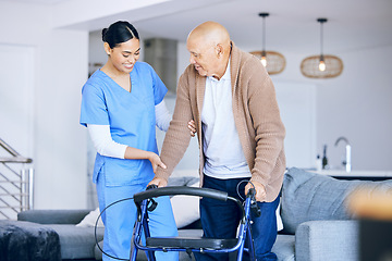 Image showing Old man with walker, woman caregiver and retirement, health with help and support in nursing home. Happy people, female nurse and male person with disability, physical therapy and rehabilitation