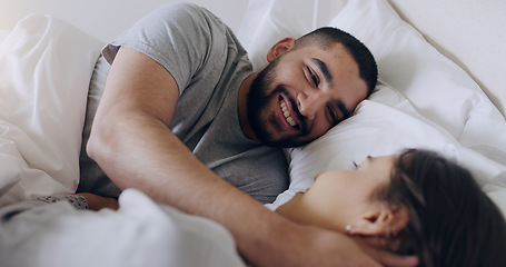 Image showing Face, happy man and relax with woman in bed, room and enjoy romance of quality time together at home. Couple, relationship and bonding in morning for love, care and happiness for partner on honeymoon