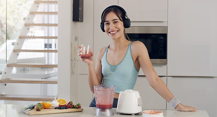 Image showing Blender, smoothie or portrait of a happy woman for diet, detox or healthy breakfast fruits in kitchen. Headphones or fit girl smiling with natural drink, protein shake or vegan juice for nutrition