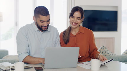 Image showing Laptop, savings and couple planning a budget for bills, debt or mortgage payments together in the living room. Technology, finance documents and young man and woman paying with online banking at home