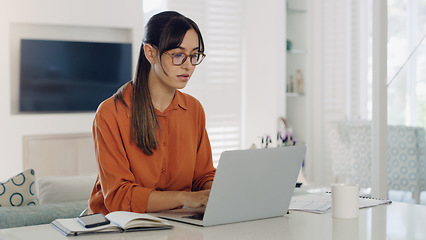 Image showing Woman, remote work and typing at laptop in home for digital planning, online research and information at table. Female freelancer working on computer technology, internet and pc connection for blog