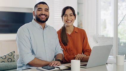 Image showing Couple, portrait and budget planning at home with a smile and finance savings paperwork. Happiness, marriage and people with internet, web and computer for digital banking for tax and investment