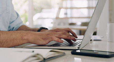 Image showing Hands, man and laptop keyboard at table for planning, online research and working on internet. Closeup, computer and typing on technology for website connection, email and digital copywriting at desk