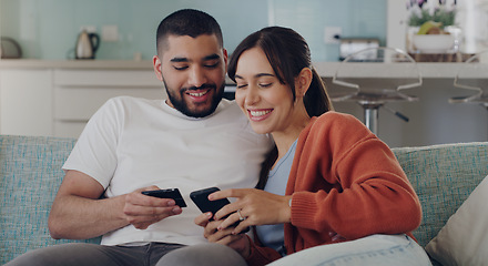 Image showing Couple, credit card and online shopping on smartphone in home for digital payment, fintech and money app. Happy man, woman and mobile banking for easy finance, website sales and password of account