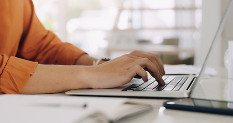 Image showing Hands, woman and laptop keyboard at table for planning, online research and blog on internet. Closeup, computer and typing on technology for website connection, email and digital copywriting at desk