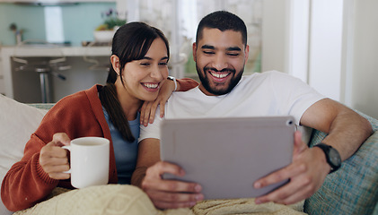 Image showing Tablet, couple and smile on couch in home for social media, funny news and online meme. Happy man, woman and relax with digital technology, web subscription and streaming movie on network connection