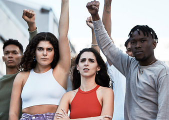 Image showing Protest, diversity and people in solidarity for justice, human rights and democracy in a city. Rally, women and men united for peace, change and power, transformation or community activism fight