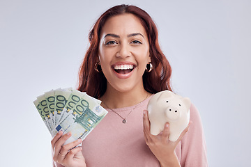 Image showing Money, portrait or happy woman with a piggy bank for financial wealth or savings on white background. Finance, investment or girl smiling or investing Euros or budget in tin for safety or security