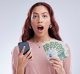 Image showing Investment, money or shocked woman with phone for online investment on digital fintech in studio. Financial mobile app, ecommerce payment or surprised girl typing banking data on internet with Euros