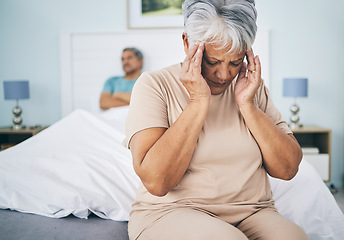 Image showing Senior couple, bedroom and fight with a headache, retirement and relationship issue with pain, home and argument. Partners, mature man and elderly woman with a migraine, bed and angry with fatigue