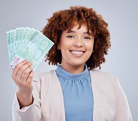 Image showing Fan, money and woman portrait isolated on a white background for winning, cash or happy finance in lottery. Rich, face and african person or winner bonus, lotto cashback or financial loan in studio