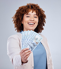 Image showing Fan, cash and woman portrait isolated on a white background for winning, cash success or happy finance. Rich, wealth and face of african person or winner bonus, cashback and financial loan in studio