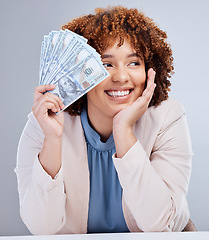 Image showing Money, face and woman with cash in studio, mockup or payment from lottery, competition or financial winner of giveaway. Finance, award or bonus prize in savings and trading, investment or bank bills