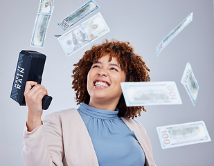 Image showing Money, shooting and happy woman isolated on studio background of winning, cashback success or financial freedom. Lottery, competition and business person or winner with bonus gun, rich or cash in air