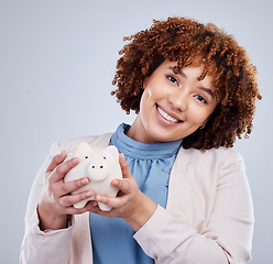 Image showing Piggy bank, portrait and happy woman isolated on studio white background for savings, investment or finance. African person or business worker budget, financial management and money safe or security