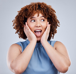 Image showing Wow, surprise and african woman isolated on a white background in sale, discount or promotion news. Shock, voice and announcement or winning of young person, winner or model for competition in studio