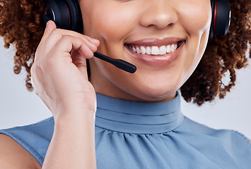 Image showing Call center, mouth and happy woman, agent or consultant talking, virtual communication and tech support. Insurance, loan or telecom worker or person speaking and helping of customer service in studio