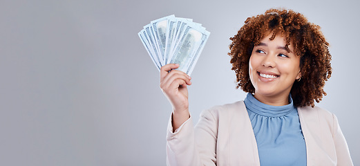 Image showing Fan, money and woman isolated on a white background space for winning, cash or happy finance mockup. Rich, wealth and african person or winner bonus, thinking of cashback or financial loan in studio