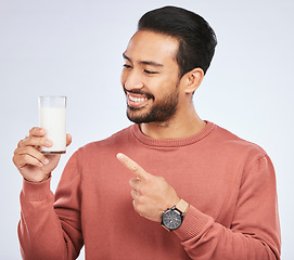 Image showing Man pointing at milk, drink and health with nutrition, calcium and vitamins with vanilla shake isolated on studio background. Male person with smile, promote dairy product in glass and healthy life