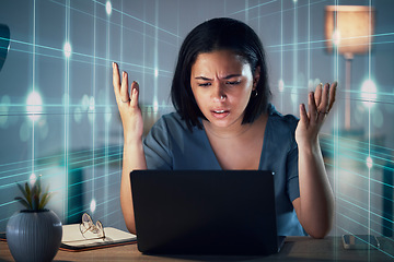 Image showing Woman, laptop and stress in office with hologram, night or angry at glitch, 404 error and information technology job. IT expert, anxiety and problem in dark workplace, computer and frustrated face