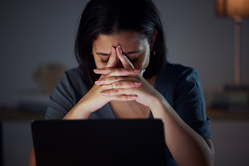 Image showing Woman, laptop and night in office with stress for glitch, 404 error and burnout at information technology job. IT expert, anxiety and fatigue in dark workplace with computer, headache and frustrated