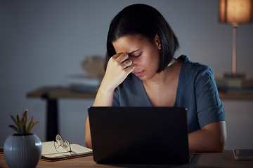 Image showing Woman, laptop and frustrated in night at office with glitch, 404 error and burnout at information technology job. IT expert, anxiety and fatigue in dark workplace with computer, headache and stress