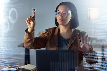 Image showing Woman, night and touch hologram with data, chart or information on dashboard, overlay or focus in office. Holographic ux, point and it expert by laptop, analytics or cloud computing in dark workplace