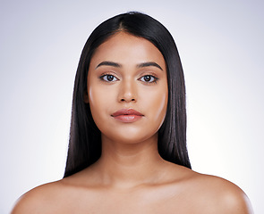 Image showing Hair care, beauty and portrait of woman with long, straight hairstyle and luxury salon treatment on white background. Beauty, straight haircut and face of latino model from Brazil on studio backdrop.