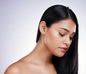 Image showing Hair care, beauty and mockup, woman with long hairstyle and luxury salon treatment on white background. Mock up, straight haircut and profile of face of latino model from Brazil on studio backdrop.