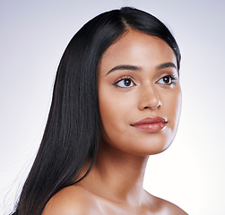 Image showing Hair care, beauty and face of woman with healthy, long hairstyle and luxury salon treatment on white background in Brazil. Growth, straight haircut and latino model with keratin on studio backdrop.