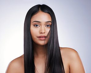 Image showing Haircare, beauty and portrait of woman with long hair, mockup and luxury salon treatment on white background in Brazil. Style, haircut and latino model with straight hairstyle on studio backdrop.