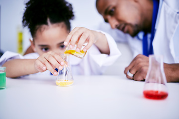 Image showing Science, experiment and child doing a project in a lab in physics or chemistry class in school. Knowledge, education and girl kid student working on a scientific analysis with glass beaker and liquid