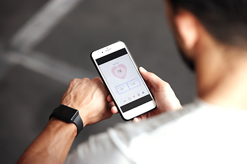 Image showing Fitness, app and man with phone, smart watch and workout schedule online at gym and sports training. Athlete with digital application, heart rate tracker and tech for exercise and health on cellphone