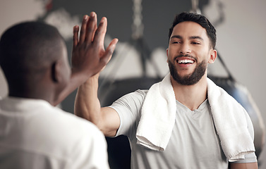 Image showing Fitness, people with high five and at gym for exercise or training happy for support. Teamwork or collaboration, partnership or workout and men athletes with handshake for motivation or success