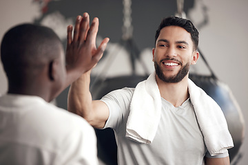 Image showing Fitness, high five and men celebrate exercise, workout or training success or win. Happy male friends together at wellness gym for sport goals, power challenge or performance achievement with partner