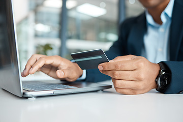 Image showing Credit card, business man hands and laptop with online banking, payment and ecommerce store. Office, male professional and corporate worker with web shopping on an internet retail shop at work